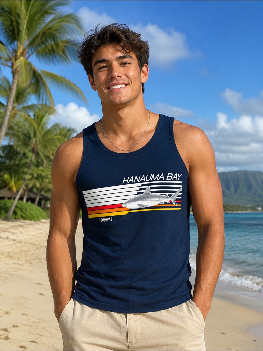 Hanauma Bay Hawaii Shark Tank Top Mens Size M Navy Blue Cotton Graphic NEW